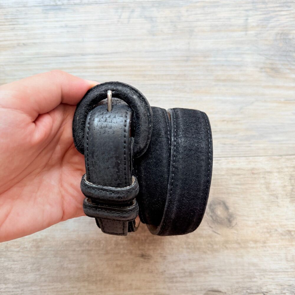 Vintage Black Genuine Leather Suede Belt Round Silver Buckle Size 28 Y2K